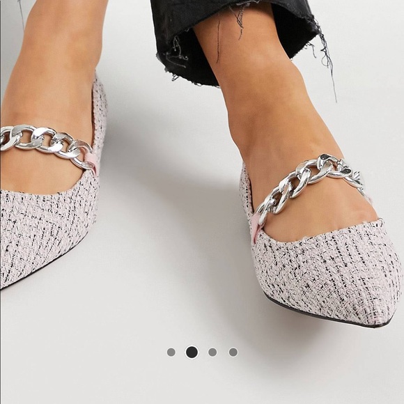 Brand New ASOS Pink Tweed Pointed Toe Flats with Silver Chain Detail - Picture 3 of 7
